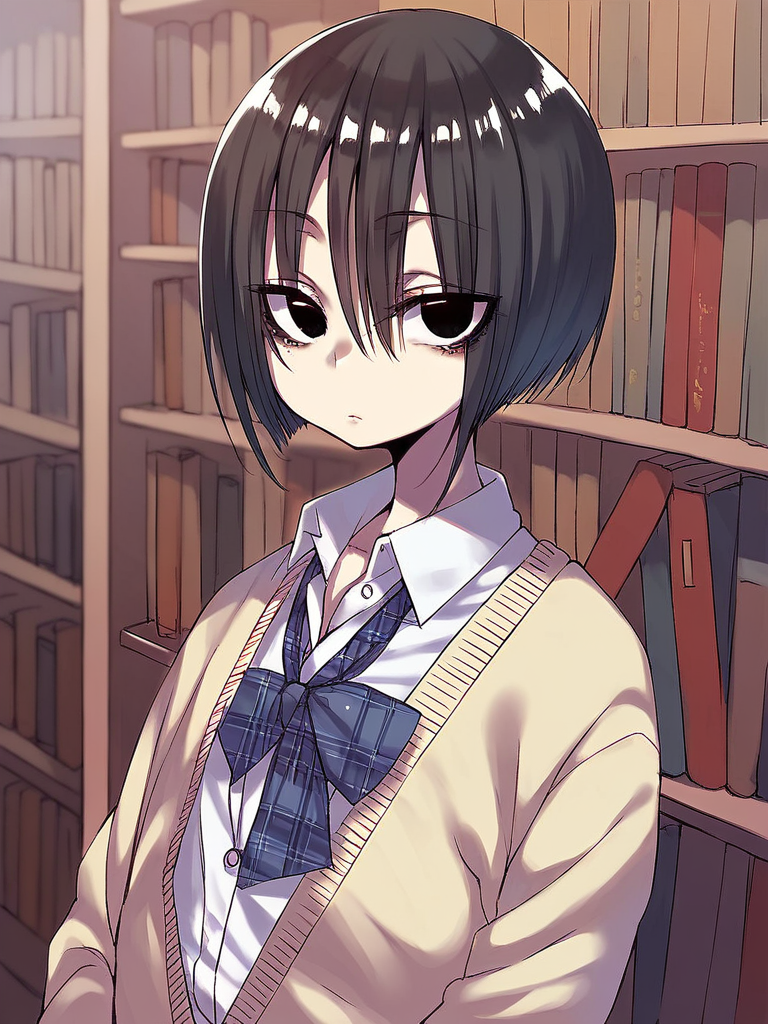 score_9, score_8_up, score_7_up,  
1girl, Kurose kana, short hair, black hair, black eyes, flat chest,

standing, upper body, expressionless, looking at viewer, 
library, plaid bowtie, school uniform, white shirt, cardigan,