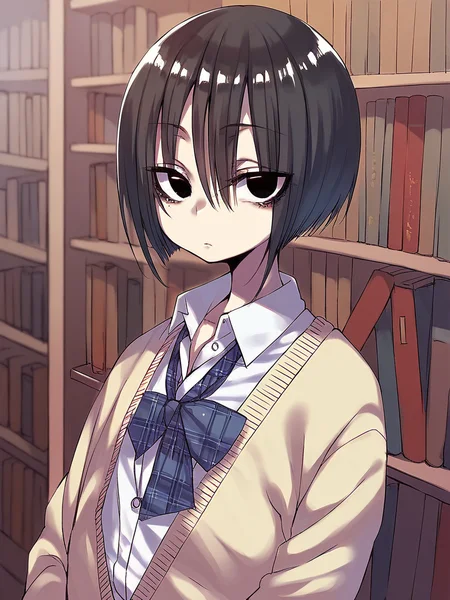 score_9, score_8_up, score_7_up,
1girl, Kurose kana, short hair, black hair, black eyes, flat chest,
standing, upper body, expressionless, looking at viewer,
library, plaid bowtie, school uniform, white shirt, cardigan,