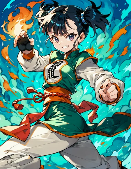 1girls,<lora:fighter(dq3)_pony:1>,fighter(dq3),black hair,short twintails,smalll breasts,
looking at viewer,chinese clothes,gloves,sash,pants,fighting stance,fire,, score_9,score_8_up,score_7_up,score_6_up,score_5_up,score_4_up,