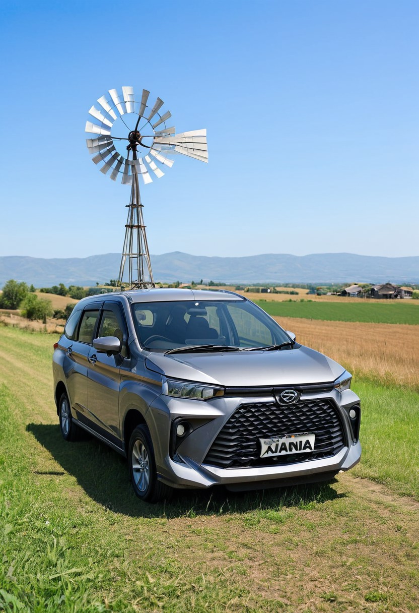 high resolution, best quality, Car, Daihatsu Xenia, Rural landscape, windmill, clear day,