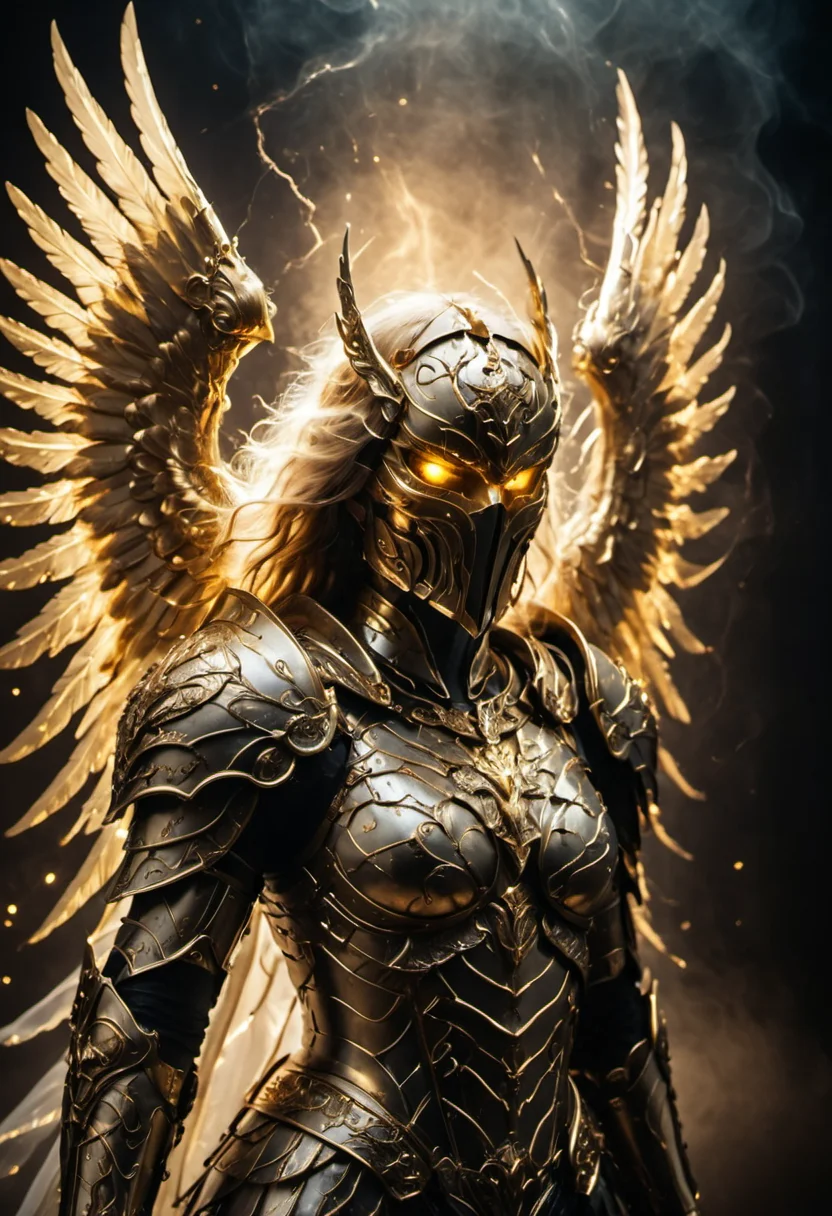 a beautiful angel, Devine armor, mistic lighting, best quality, fog, smoke, holding, mask, (glowing golden eyes), armored wings, (golden hallow:1.1), lightning, a beautiful angel, Devine armor, mistic lighting, best quality, fog, smoke, holding, mask, (glowing golden eyes), armored wings, (golden hallow:1.1), lightning, highly detailed, complex composition, surreal background, pristine, sharp focus, majestic, dramatic, thought, epic, ambient light, excellent, dynamic, cinematic