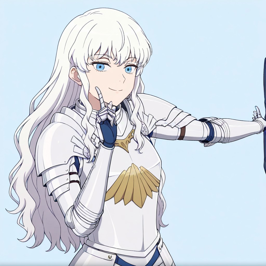 masterpiece, best quality, newest, absurdres, highres, anime, anime style, 1boy, 1boy, griffith_(berserk), white hair, blue eyes, wavy hair, armor, white armor,
smile, smug, ONKDDV1.0, dance, finger to cheek, hoshino ruby dance, outstreched arm, pointing at self,