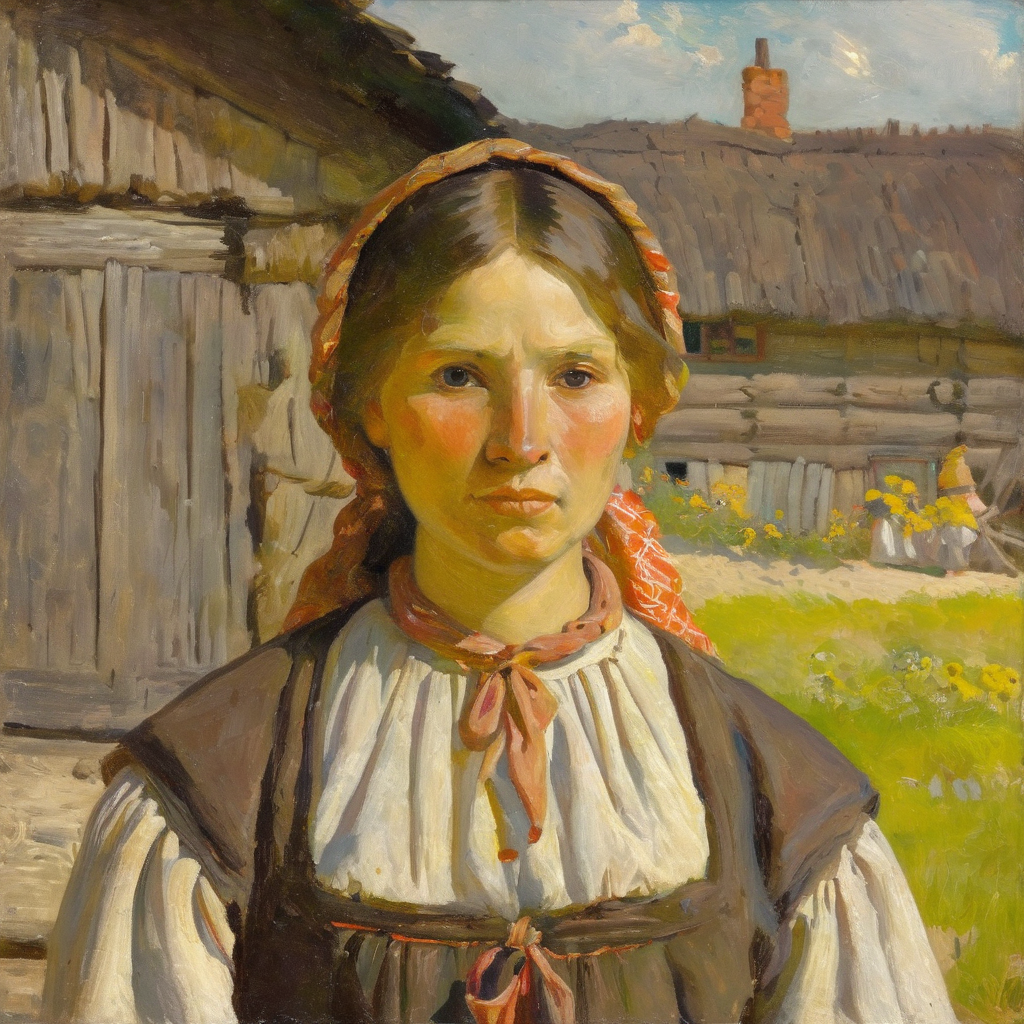 jchelmonski close-up of the face of a young beautiful peasant woman in the background of a wooden cottage, expressive <lora:jchelmonski:1>