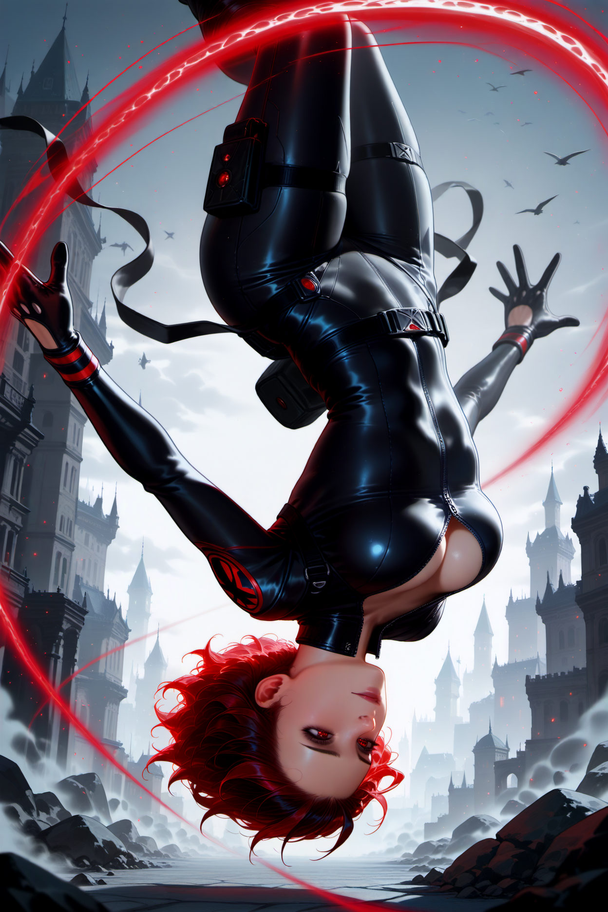 1girl, black widow, upside down, midair, masterpiece, best quality