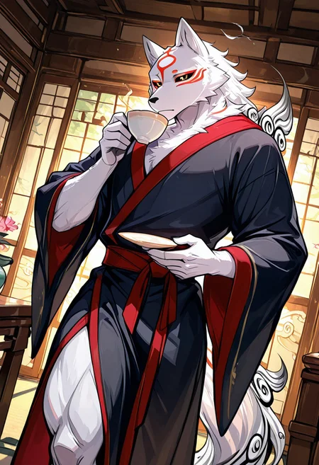 masterpiece, best quality, amazing quality, very aesthetic, absurdres, newest,  high quality, detailed, male, solo male, Amaterasu, 1boy, mature male, male, wolf, white fur, red markings on face, red markings, anthro, athletic build, broad shoulders, animal ears, black sclera, yellow eyes, black and red robe, volumetric lighting, beautiful, indoors, black and white robe, dutch angle, thick thighs, standing, scenic, Expressiveh, indoors, sitting cross legged, sipping tea, Japanese interior, sitting