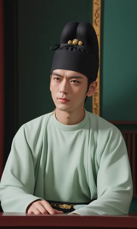 Top photography works, masterpiece, best quality, newest, absurdres, highres,
(1boy/GSFH, jcy, male focus, Round-collar robe, hat, hanfu, solo, indoors, black hair, realistic, looking at viewer, perfect black eyes), mocking expression, mocking,
sitting, table, tea set,
masterpiece, best quality, amazing quality, very aesthetic, absurdres, newest, haute couture,
minimalistic composition, (dark green background details),
light from one side, dark shadow, depth of field, dynamic lighting,