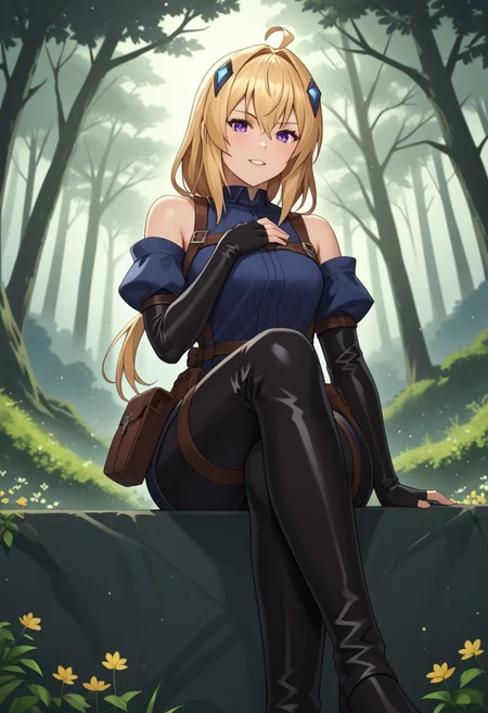 zPDXL3, score_9_up, score_8_up, score_7_up, (Anime_source), 1girl, Ines Harness from Parry, purple eyes, blonde hair, long hair, low tie ponytail, parted lips, STANDING ON WHITE BACKGROUND, air_bow, red_bow, red_ribbon, bare_shoulders, elbow_gloves, belt, bet_pouch, fingerless_gloves, shirt, detached_sleeves, black_shorts, thigh_boots sitting_pose, hand_on_own_knee, hand_on_own_thigh, hand_on_own_chin, crossed_legs, looking_at_viewer, pout, slight_smile, light_blush, parted_lips, amaranth_forest, towering_trees, glowing_mist, bioluminescent_flowers, peaceful_wildlife, ethereal_light, mystical_vibes, tranquil_aura, vibrant_foliage, glowing_fog, magical_atmosphere, fantasy_nature, painterly_style