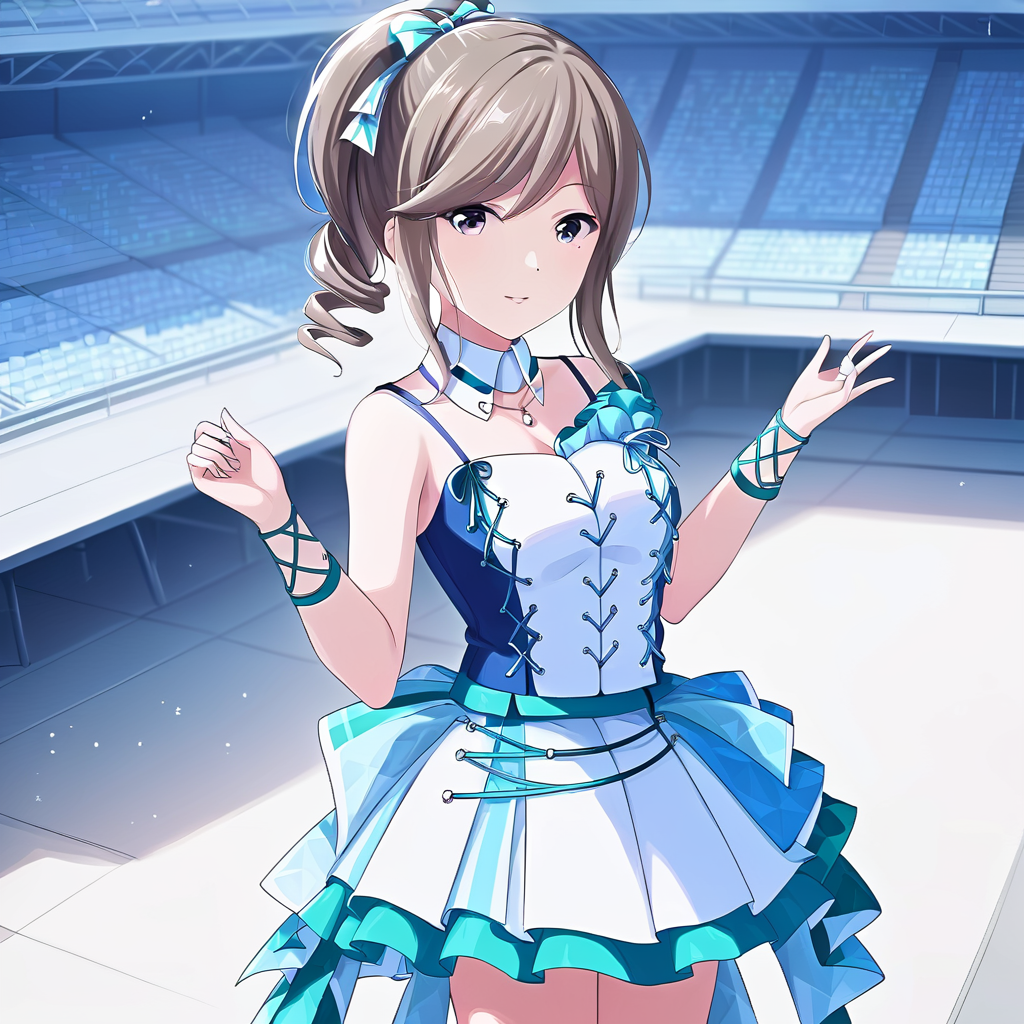 [high quality, best quality],[cinematic],shiraishi,1girl,solo,shi idol costume,smile,idol high heel boots,hair bow,standing,outdoor,<lora:shiraishi5:0.75>,