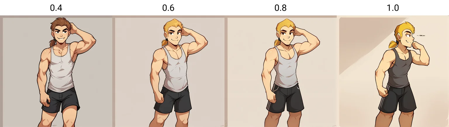 score_9, score_8_up, score_7_up,score_6_up,score_5_up, source_furry,
BREAK
solo, human male, flat chest, (simple background), (smug), tank top, shorts, thighs, standing, (muscular male:1.2)
BREAK
<lora:Keiren-Twokinds-SDXL-AnonTK-V2:0.4> , keiren-twokinds, human, medium hair, low ponytail