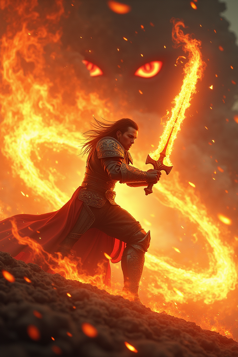 Amazing quality and masterpiece with the best quality, featuring hyper-detailed and ultra-detailed UHD rendering. The scene is set outdoors, showing a full-body view of a character with perfect anatomy, leaning forward in a fighting stance, and waving a flaming sword. The character is surrounded by a swirling vortex of flames, with flame afterimages, motion blur, and a storm of flames creating a fiery tornado and circles around them. The character's armor glows intensely as the flames engulf them. In the background, ominous evil eyes watch from the sky, adding a menacing presence with a Diablo-like influence.close-up