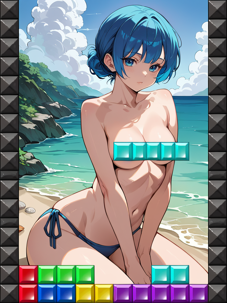score_9,score_8_up,score_7_up,source_anime,rating_questionable,detailed face,higres illustration,1girl,<lora:tetris_censoring:1>,tetris,convenient censoring,blue hair,bikini bottom,beach,topless,