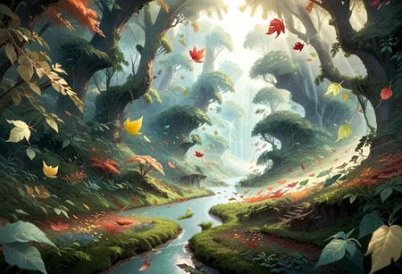 score_9,score_8_up,score_7_up, enchanting featuring rolling (fantasy fields:1.3) flowing into serene river, surrounded by lush greenery and blooming flowers, (leaves blowing in the breeze:1.3), (multiple leaves:1.4), under the soft glow of morning light, mythical forest in background, Fantasy background, light fog rolling in to the valley,