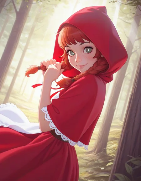 1girl, little red riding hood, twin braids, freckles, pastel colors, (artist: ilya kuvshinov,:0.7) , sunbeam, forest, smile, looking at viewer, white pupils, holding hair, wind lift, dutch angle, from side,