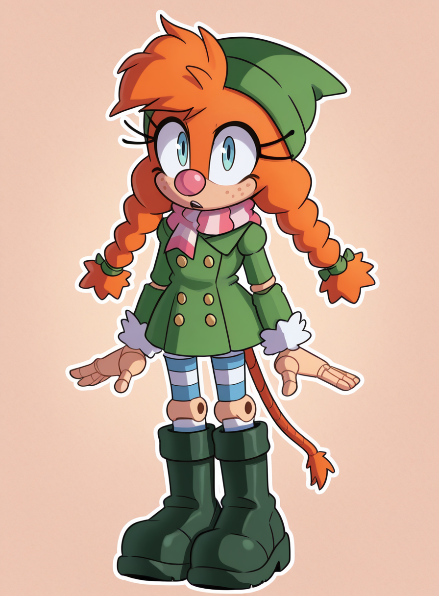 solo, <lora:krack:1> krackstyle,
<lora:Belle:0.8> belle the tinkerer, orange fur, green headwear, twin braids, clown nose, eyelashes, pink nose, doll joints, robot joints, blue eyes, marionette mouth, mouse tail, winter outfit, double-breasted coat, short skirt, striped pantyhose, boots, ribbon scarf, extremely detailed, highres, masterpiece, best quality