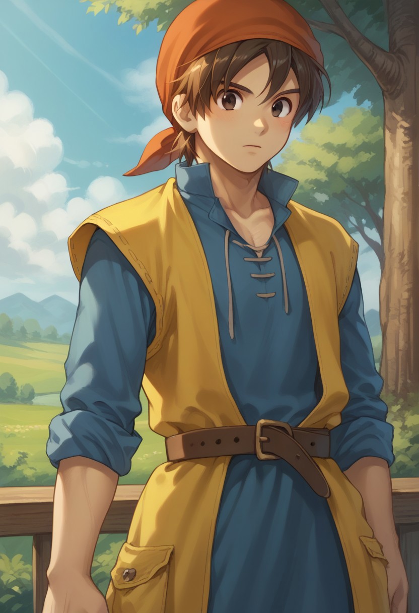 score_9, score_8_up, score_7_up, source_anime, highly detailed, 
herodq, 1boy, male focus, solo, brown hair, short hair, bandana, red bandana, black eyes, tunic, blue tunic, long sleeves, sleeves rolled up, coat, yellow coat, sleeveless coat, belt, pants,
outdoor, wood, trees, sky,