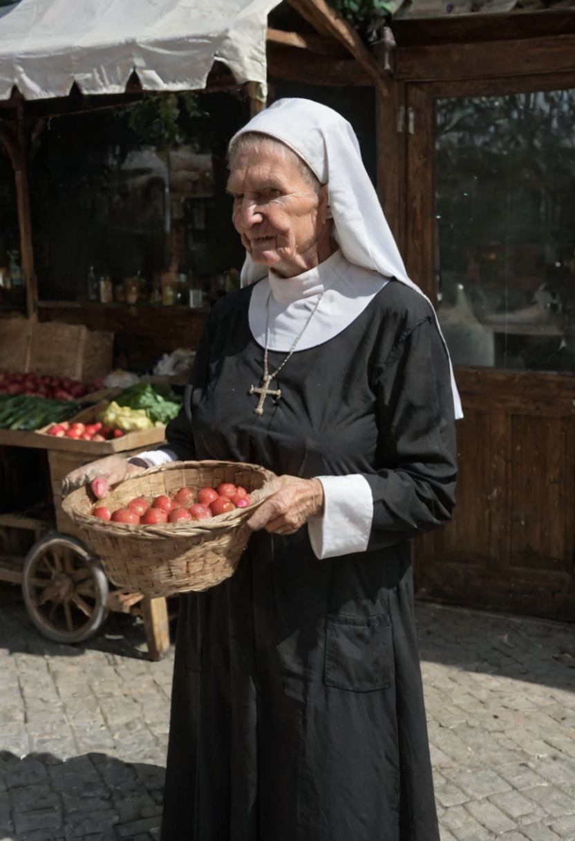 Vigorous, Granny, Wrinkly, Elderly nun, sweeping a walk, in early spring, in a French Market  <lora:Granny_Shirt_wet_shirt:1.2>, Score_9,Score_8_up, Score_7_up, Score_6_up,