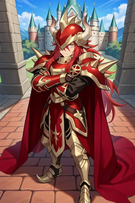 <lora:GulcasaIL:0.8> , guldef, (1boy), red hair, long hair, hair between eyes, yellow eyes, armor, full armor, spikes, shoulder armor, one eye covered, horned helmet, spiked helmet, horned headwear, shoulder spikes, cape, red cape, pauldrons, gauntlets, greaves, full body, standing, frown, crossed arms, looking at viewer, castle, ramparts, exterior, from above, solo, masterpiece, very aesthetic, absurdres, best quality, amazing quality, high resolution, detailed background, <lora:illustrious_quality_modifiers_masterpieces_v1:0.8> , <lora:ChamIllustriousBackgroundEnhancer:0.5>