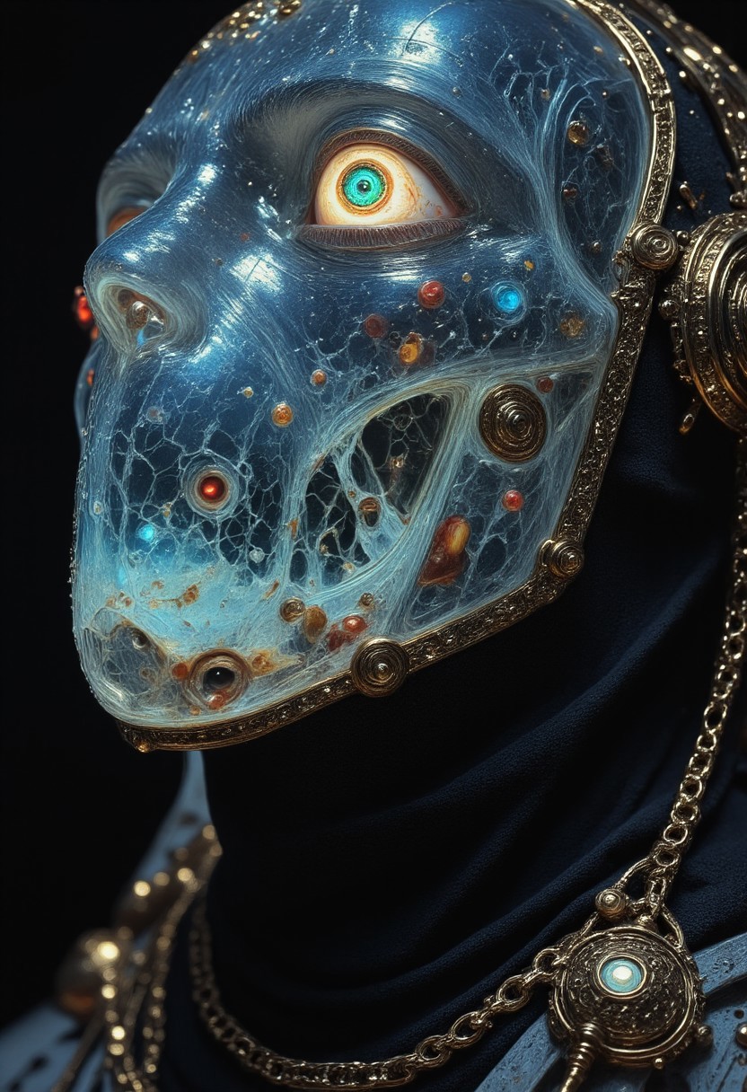 A hyperrealistic extreme close-up portrait of an ethereal being, sculpted from flawless, crystalline glass. Their translucent form refracts the dim cosmic light, intricate fractures within their smooth surface capturing the colors of nebulae, stardust, and distant supernovae. The figure’s hollow, glass-like eyes shimmer with an eerie depth—less like sightless voids and more like celestial gateways, reflecting entire galaxies in their unfathomable gaze.
Encircling their slender neck, an impossibly tight chain of miniature planets and dying stars clings like a cosmic collar, each celestial body orbiting in slow, mesmerizing defiance of natural law. Some planets are cracked and bleeding molten cores, others are nothing more than forgotten husks swallowed by shadow, while still others pulse with alien luminescence, casting shifting patterns across the figure’s flawless, glass surface. The weight of the universe is bound to them—inescapable, intimate, a burden and a crown.
The lighting is stark, almost unreal, with radiant beams bending unnaturally through the entity’s transparent form, scattering into ghostly rainbows against the void-like backdrop. The background is an endless expanse of swirling cosmic distortion—fragments of collapsing galaxies and gravitational echoes twisting through the abyss. There is no distinction between the being and the universe itself, no true beginning or end—only the presence of something beyond mortal comprehension, existing in the fragile, silent moment between eternity and oblivion.