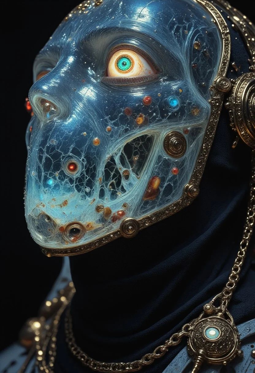 A hyperrealistic extreme close-up portrait of an ethereal being, sculpted from flawless, crystalline glass. Their translucent form refracts the dim cosmic light, intricate fractures within their smooth surface capturing the colors of nebulae, stardust, and distant supernovae. The figure’s hollow, glass-like eyes shimmer with an eerie depth—less like sightless voids and more like celestial gateways, reflecting entire galaxies in their unfathomable gaze.
Encircling their slender neck, an impossibly tight chain of miniature planets and dying stars clings like a cosmic collar, each celestial body orbiting in slow, mesmerizing defiance of natural law. Some planets are cracked and bleeding molten cores, others are nothing more than forgotten husks swallowed by shadow, while still others pulse with alien luminescence, casting shifting patterns across the figure’s flawless, glass surface. The weight of the universe is bound to them—inescapable, intimate, a burden and a crown.
The lighting is stark, almost unreal, with radiant beams bending unnaturally through the entity’s transparent form, scattering into ghostly rainbows against the void-like backdrop. The background is an endless expanse of swirling cosmic distortion—fragments of collapsing galaxies and gravitational echoes twisting through the abyss. There is no distinction between the being and the universe itself, no true beginning or end—only the presence of something beyond mortal comprehension, existing in the fragile, silent moment between eternity and oblivion.