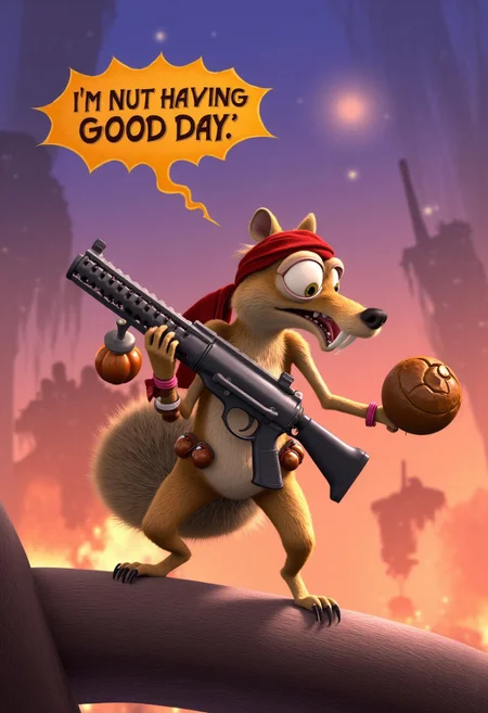 A hilarious and action-packed 3D cartoon scene featuring a squirrel resembling Scrat from Ice Age, but fully transformed into a wild Rambo-style warrior. The squirrel stands dramatically on a rugged tree branch, its crazed eyes wide with intensity and its iconic oversized front teeth bared. Its matted fur is scratched and dirtied, with a tattered red bandana tied tightly around its head, adding to its battle-worn appearance.
In one paw, it grips a comically large, cartoon-style automatic weapon, complete with acorn-shaped ammo dangling from the magazine. In the other paw, it holds a grenade cleverly designed to look like a cracked walnut, ready to hurl it into action. A tiny utility belt with miniature acorns and grenades is slung across its body, and a twig knife is strapped to its leg for extra flair.
The backdrop is an epic action-movie-style scene, with smoky skies, fiery explosions in the distance, and embers floating through the air. Above the squirrel, a jagged speech bubble declares, 'I’m nut having a good day,' in bold, distressed lettering, perfectly encapsulating its chaotic, comedic energy. The scene is a perfect blend of over-the-top action parody and Scrat’s signature manic charm, making it irresistibly funny and visually dynamic