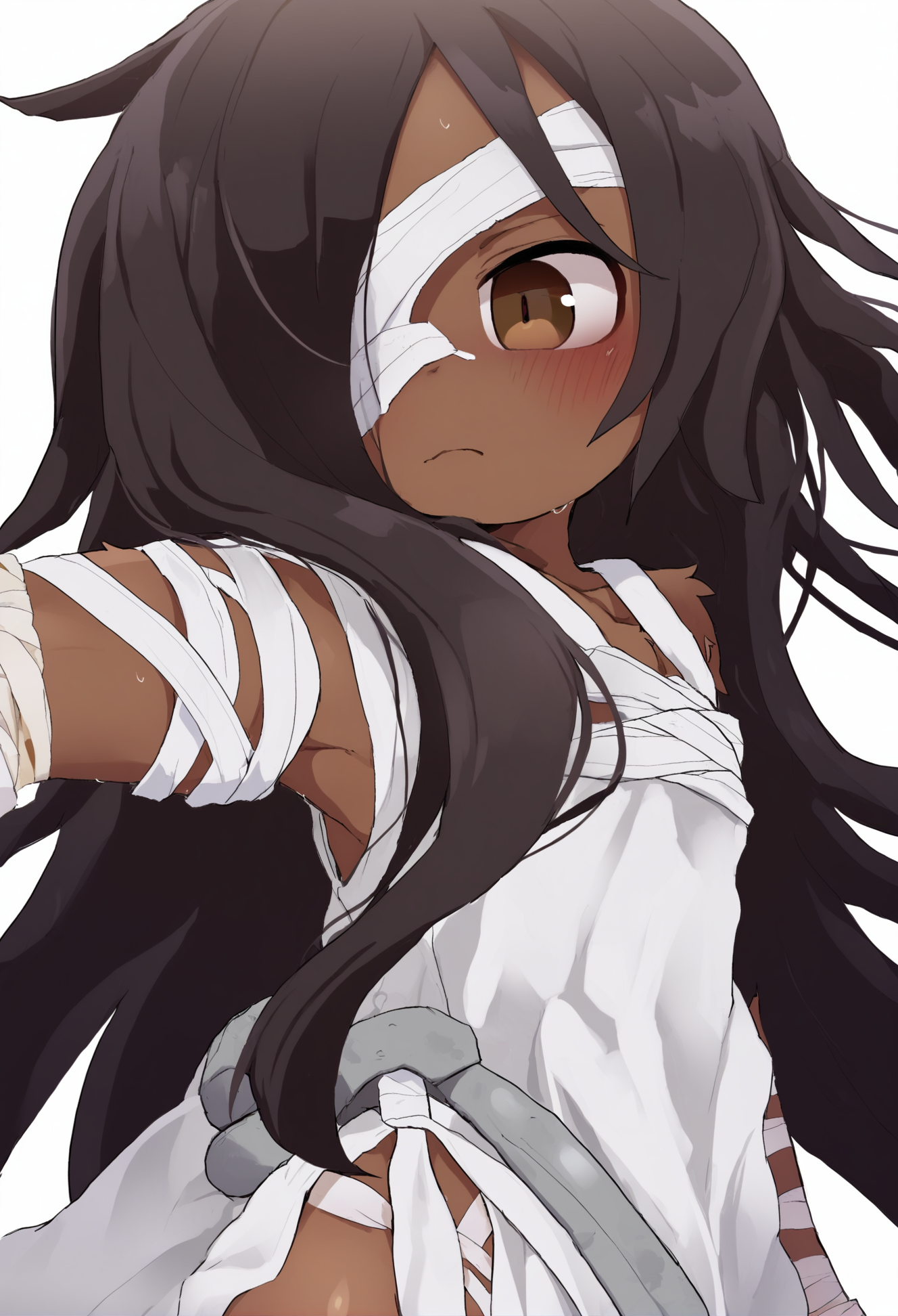 masterpiece, hyper detailed, best quality,(furry:1.3),1girl, solo, bandages, long hair, bandaged arm, dress, hair over one eye, white background, simple background, brown eyes, looking at viewer, closed mouth , black hair, dark skin, dark-skinned female, white dress, bandage over one eye, sleeveless  ,<lora:DAGASIXLlokr8f-000188:0.95>