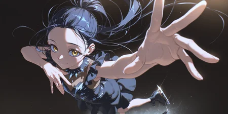 masterpiece, best quality, absurdres, safe
1girl, kamisaki hikaru, floating hair, ice skates, spread arms, [hand on own chest::0.5], smile, closed mouth, black dress, [:very long hair:0.2], outstretched arm, leg up, standing on one leg, reaching out,
dark background, perspective, dutch angle
artist:yoneyama mai
<lora:ice_skates_il_1_d16:1>
<lora:il_color_temp_slider_d1:2>