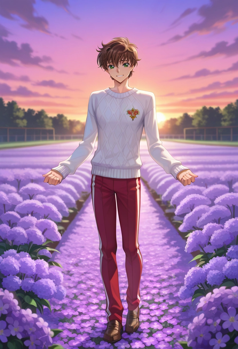 masterpiece, best quality, , (realistic:0.6), looking at viewer, 1boy, solo, male focus, <lora:suzaku_kururugi_ilxl:0.98>, suzaku_kururugi, brown hair, green eyes, uniform, fairy market, mushroom stalls, light wares, flower paths, shopping pose, delighted expression, twilight, Lilac Herringbone Slim-fit track pants, Crew neck sweater, Loafers, , and