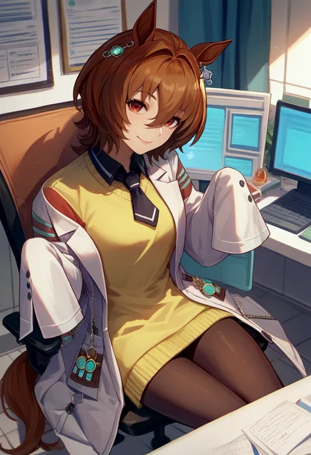 score_9, score_8_up, score_7_up, source_anime, solo, 1girl, agnes tachyon, smile, looking at viewer, sitting, office chair, horse ears, labcoat, sleeves past fingers, yellow sweater, black necktie, pantyhose, single earring, horse tail, indoors, laboratory <lora:umamusume_agnestachyon_ponyXL:1>
