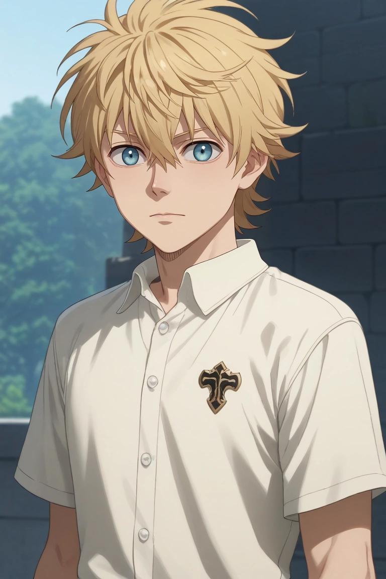 score_9, score_8_up, score_7_up, , rating_safe, intricate details, anime screencap, anime coloring, , looking at viewer, depth of field, 1boy, solo, male focus, <lora:luck_voltia_pony:0.84>, luck_voltia, blonde hair, blue eyes, short hair, hair between eyes, , button-up shirt,, <lora:sdxl_lightning_8step_lora:1>