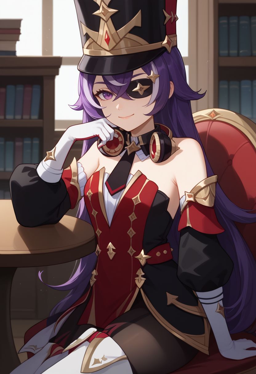 score_9, score_8_up, score_7_up, source_anime, 1girl, chevydef, purple eyes, purple hair, streaked hair, long hair, pointy hair, hair between eyes, eyepatch, mole under mouth, earmuffs, shako cap, gold trim, black necktie, red dress, strapless dress, puffy detached sleeves, bare shoulders, black headwear, detached collar, white gloves, black pantyhose, white footwear, thigh boots, sitting, on chair, table, closed mouth, head rest, elbow rest, smile, looking at viewer, indoors, library, cowboy shot, portrait, close-up, <lora:Chevreuse_v1-000010:1>