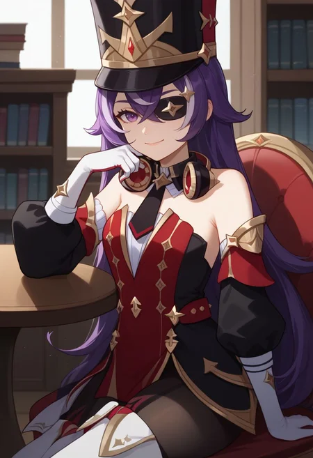 score_9, score_8_up, score_7_up, source_anime, 1girl, chevydef, purple eyes, purple hair, streaked hair, long hair, pointy hair, hair between eyes, eyepatch, mole under mouth, earmuffs, shako cap, gold trim, black necktie, red dress, strapless dress, puffy detached sleeves, bare shoulders, black headwear, detached collar, white gloves, black pantyhose, white footwear, thigh boots, sitting, on chair, table, closed mouth, head rest, elbow rest, smile, looking at viewer, indoors, library, cowboy shot, portrait, close-up, <lora:Chevreuse_v1-000010:1>