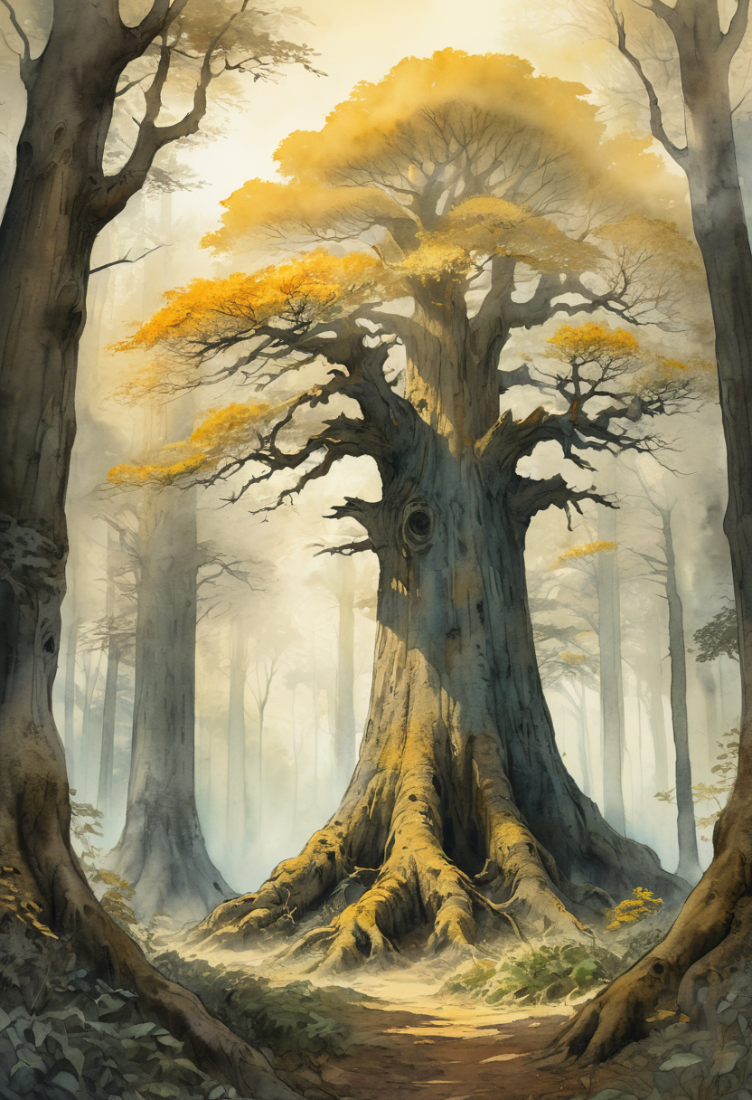 a grove of ancient trees standing together in silence, a tree at the center of a dense shadowy forest, <lora:Artfully_TREES2-000003:0.6>, a journey into endless detail, painted in watercolor, accentuated by sharp outlines, old world forest, a grove of trees shrouded in golden mist, depth map masterpiece, detailed, best quality, absurd resolution uhd, 8k,