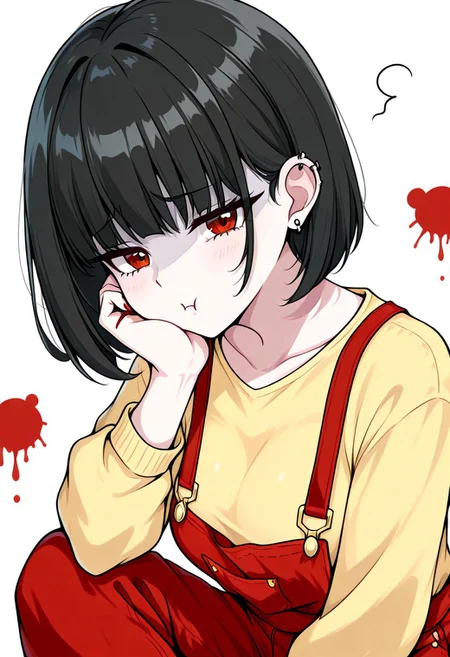 cranky_face, :t,sad,A hauntingly beautiful shot of a girl with long, raven-black hair framing her pale face. Her piercing red eyes seem to bore into the viewer's soul as she gazes directly ahead. The simplicity of the white background allows her striking features to take center stage. A subtle lip color, resembling blood, accentuates her parted lips. The overall effect is a mesmerizing blend of beauty and menace, with the red theme tying everything together in a cohesive package.