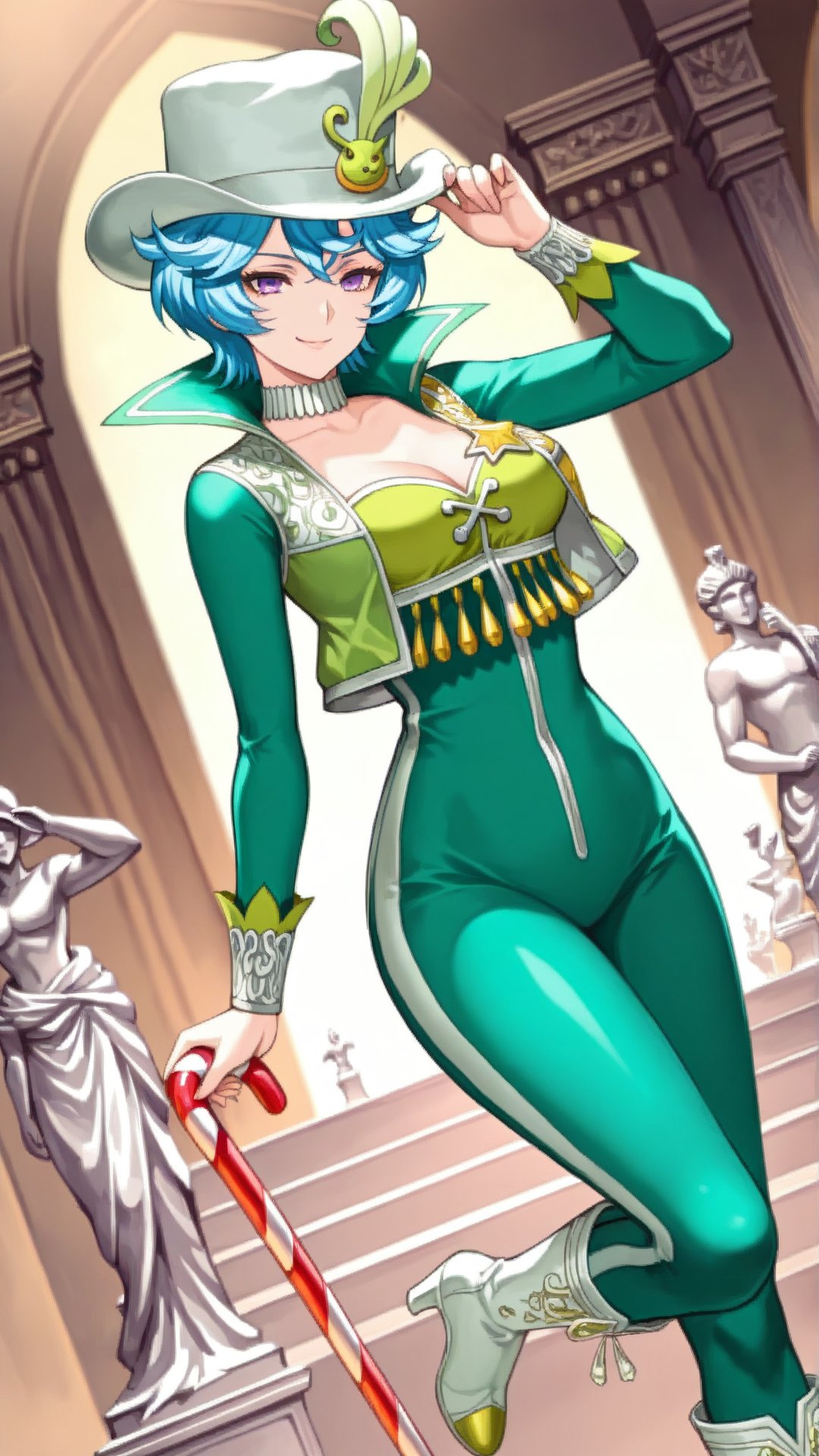 source_anime, general, best quality, masterpiece, 1girl, <lora:Aslana_Melek_ill_v1.0:1> aslana_melek\(scarlet grace\),short hair, blue hair, purple eyes,cleavage, candy cane, hat tip, green bodysuit, choker, high heel boots,hat feather,solo, smile, dynamic pose, dutch angle, statue,