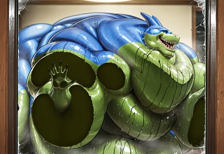 score_9, score_8_up, score_7_up, semi-realistic illustration, masterwork, (head side profile), close shot, head shot, small head:1), (back rolls, neck rolls, massive fat cheeks multiple fat cheeks:1.1), side cheeks pressed up against glass, side neck rolls pressed up against glass, intently looking, intense orgasming, hungry, eyes wide open, open mouth, grin, smile, looking at viewer, Gidon, green and blue skin, detailed teeth, green and blue skin, anatomically correct, dynamic angle, foreshortening, shiny skin, reflected skin, detailed skin, detailed face, detailed eyes, cyan eyes, (horn), sweat, musk, brightly lit, BREAK masterpiece, very aesthetic, absurdres,
