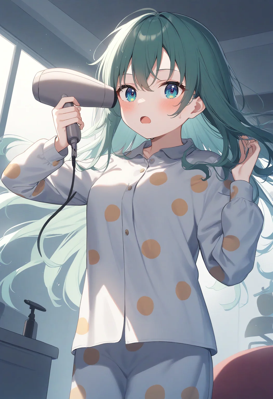 1girl,sincos, ningen mame, toosaka asagi,solo,medium breasts,
hair dryer,drying hair,pajamas, wet hair ,floating hair,wind, after bathing,hand in own hair ,indoors,<lora:dryer_XL_v1:0.8>
ceiling, wide shot, looking back, green hair, golden eyes,bored, open mouth,hair down,
best quality, very aesthetic, absurdres