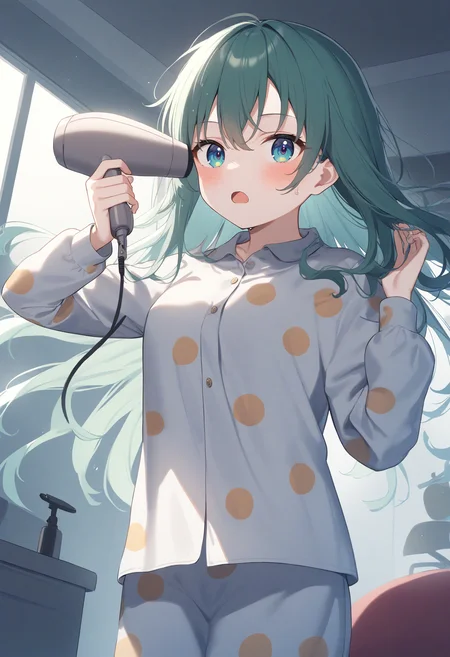 1girl,sincos, ningen mame, toosaka asagi,solo,medium breasts,
hair dryer,drying hair,pajamas, wet hair ,floating hair,wind, after bathing,hand in own hair ,indoors,<lora:dryer_XL_v1:0.8>
ceiling, wide shot, looking back, green hair, golden eyes,bored, open mouth,hair down,
best quality, very aesthetic, absurdres