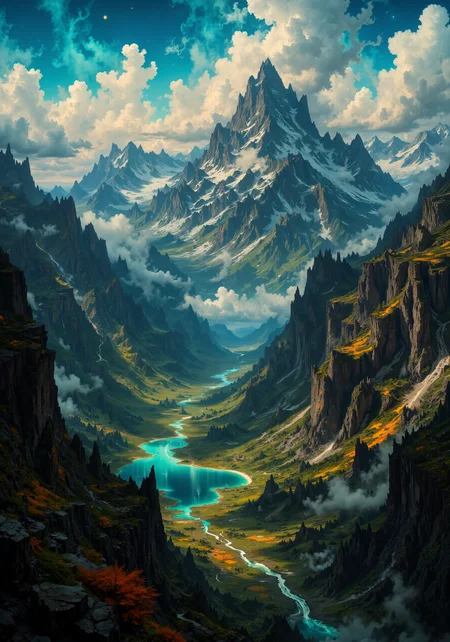 Expansive aerial view, majestic mountain range, surreal mirage atmosphere, rugged craggy peaks, intricate textures, vibrant light gradients, delicate alpine flora, dynamic shadows, hyper-detailed clarity, 8k masterpiece quality, rich cobalt blues, earthy terracotta accents, natural spatial composition, ambient luminescence, vivid natural details, layered mountain valleys, crisp reflective streams, soft pastel sky, exquisite natural painting qualities, mesmerizing atmospheric perspective <lora:flux_hyperkraximalism-balanced:0.7> <lora:FluxFantasyDetailerV2:0.2> <lora:style_of_Norman_Ackroyd_FLUX_100:0.2> <lora:Dark_Gothic_Comic_style_v.2:0.2> <lora:dreadmirth-art-style:0.8> <lora:flux_dev:1>