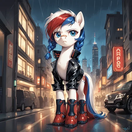 score_9, score_8_up, score_7_up, <lora:Marussia:0.5>, ocmarussia, pony, solo, braided, blue eyes, white fur, red blue and white tail, white blue and red hair, cyberpunk, cyber eye, highly detailed, intricate details, digital art, city, street, night, rain, fullbody, <lora:Sadamoto Yoshiyuki_XL_PONY:0.8>, feral pony, (detailed image, high resolution, 5k resolution, denoise:1.0), full body, neon, band aid on the nose, leather boots, leather jacket, blue neon, rose neon, serious, artdeco_v4, poster, <lora:art_deco_v4_pony:0.5>, icon