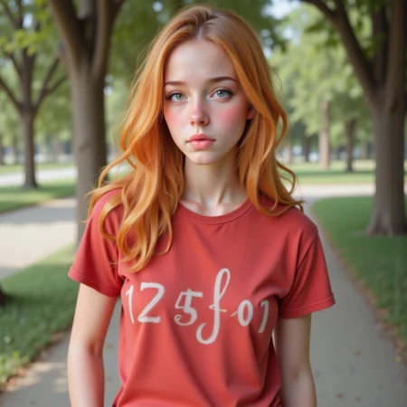 Kayla, 22years old girl cute face,clear skin,shiny hair, orange hair, green eyes, ultra detailed eyes,makeup, head on side, dutch angle, low angle, OBxiaoxiang, blush, eye rolling, half-short cropped red T-shirt with white writing 3751, belly, navel, red leather shorts, black sneakers, white socks, black cap, soft peachy cheeks, short cropped red T-shirt, bending, dynamic pose, looking at viewer, female. In the background park sunny day, looking at viewer, sunshine, quality, high quality, photorealistic. Perfect Composition, realistic photographic image, RAW photo highest quality