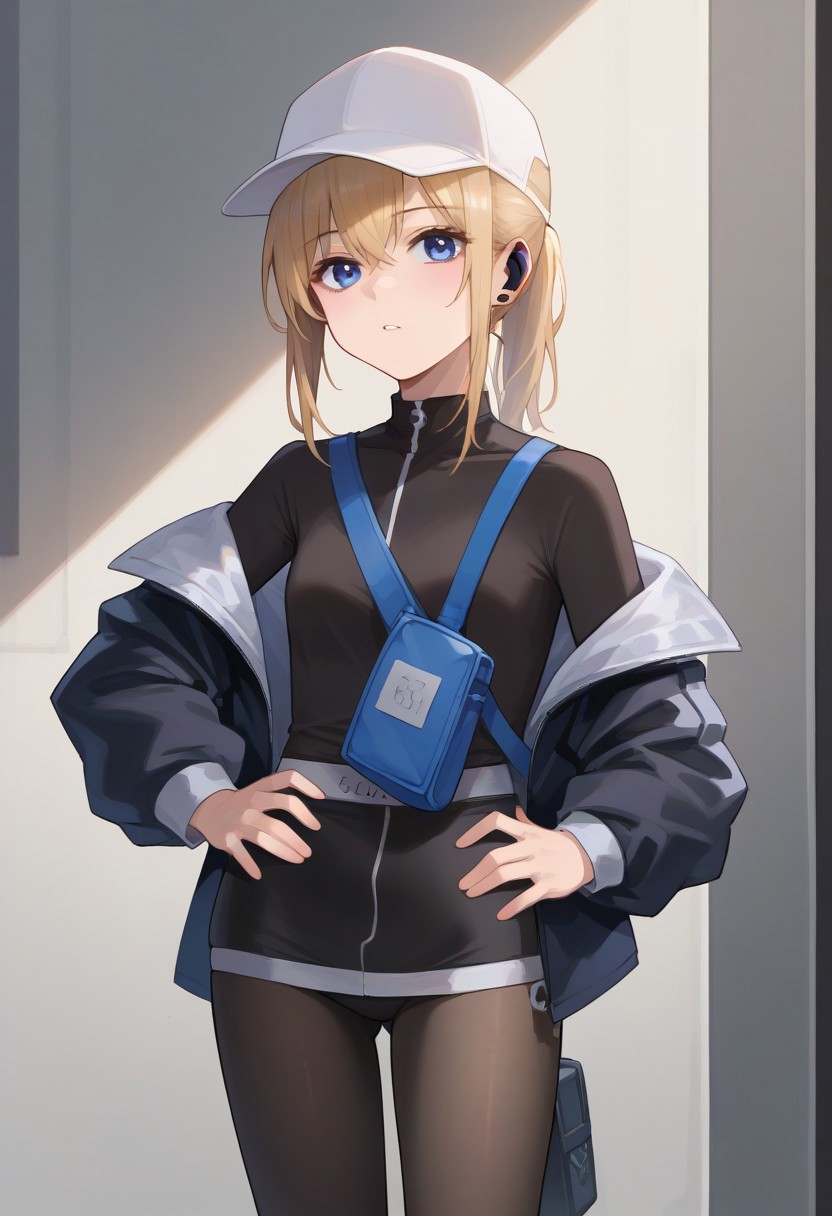 score_9, score_8_up, score_7_up, source_anime, BREAK, standing, hands on hips, cowboy shot, ponytail, blonde hair, blue eyes, hat, earpiece, long sleeve, off-shoulder jacket, bag, pantyhose, kneepad