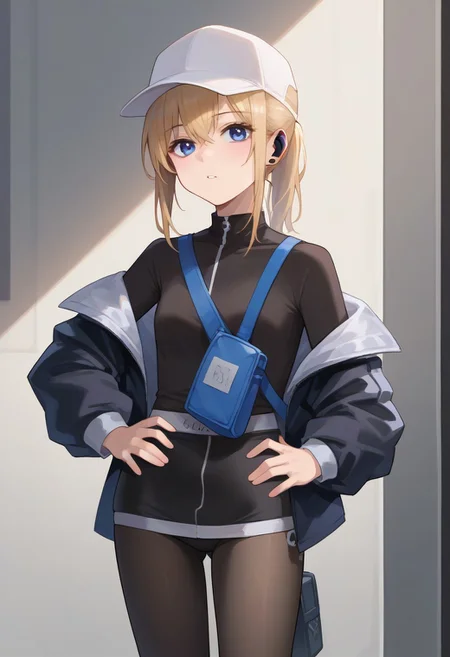 score_9, score_8_up, score_7_up, source_anime, BREAK, standing, hands on hips, cowboy shot, ponytail, blonde hair, blue eyes, hat, earpiece, long sleeve, off-shoulder jacket, bag, pantyhose, kneepad
