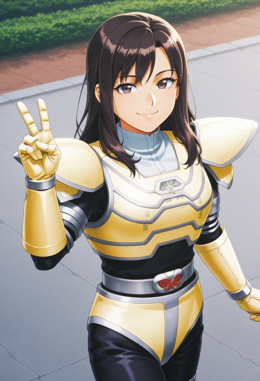 anime screencap, anime coloring,
solo, 1girl, cowboy shot,from above, dutch angle,
dark hair, long hair, curtain bangs dark eyes looking at viewer, medium breasts, smile, (covered neck), BREAK
A9eha, robot, solo, armor, bodysuit, belt, gloves, v sign hand, A9eh shorts,  
outdoors, road, sunset, dramatic lighting