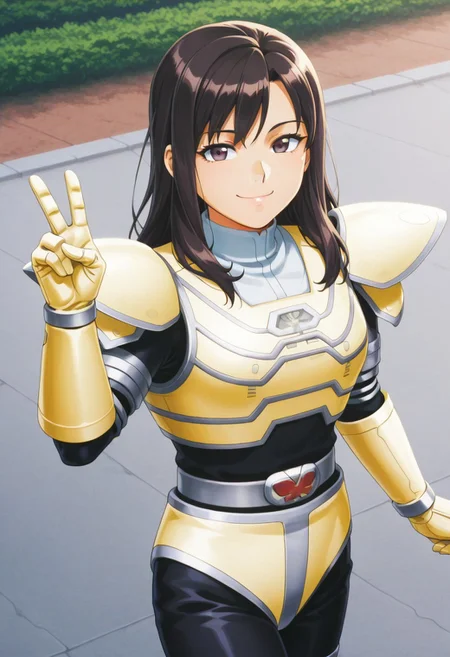 anime screencap, anime coloring,
solo, 1girl, cowboy shot,from above, dutch angle,
dark hair, long hair, curtain bangs dark eyes looking at viewer, medium breasts, smile, (covered neck), BREAK
A9eha, robot, solo, armor, bodysuit, belt, gloves, v sign hand, A9eh shorts,
outdoors, road, sunset, dramatic lighting