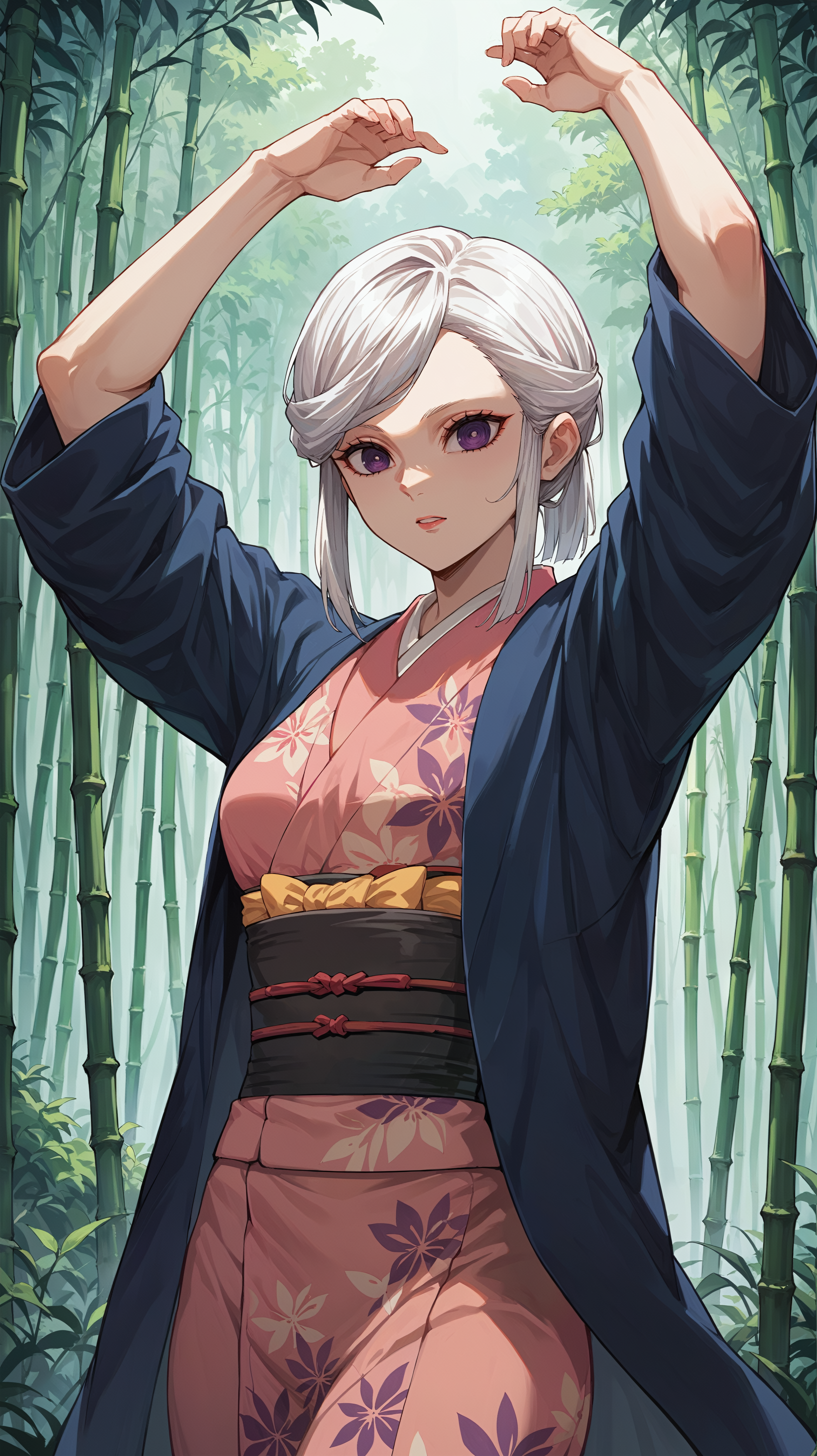 score_9,score_8_up,score_7_up,score_6_up, source_anime, zPDXL3, <lora:xl_more_art-full_v1:0.5>, woman, dynamic pose, hands above her head, <lora:Amane Ubuyashiki - Pony-000004:0.8>, white hair, hair up, purple eyes, pink kimono, blue haori, blue coat, bamboo forest,