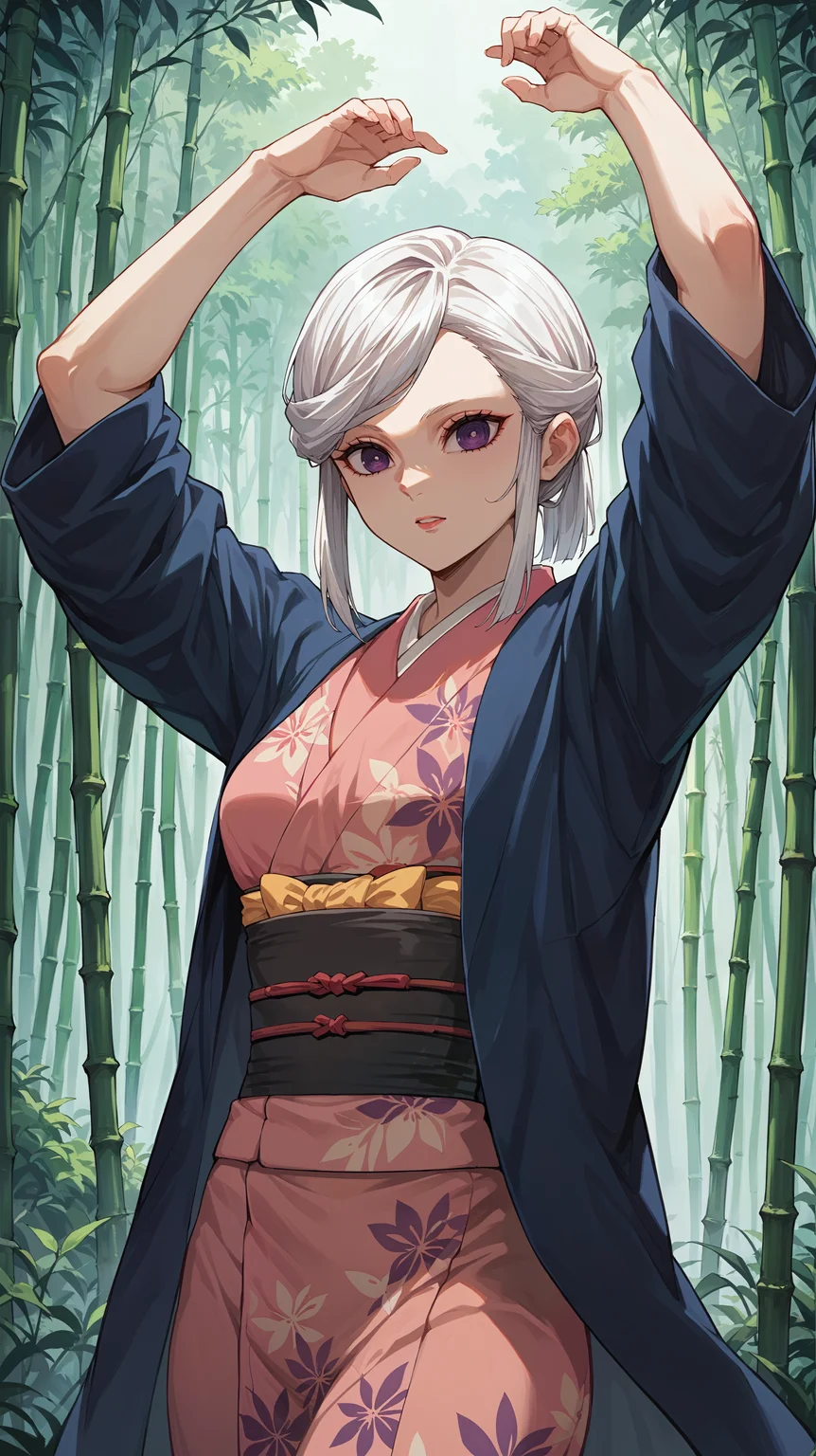 score_9,score_8_up,score_7_up,score_6_up, source_anime, zPDXL3, <lora:xl_more_art-full_v1:0.5>, woman, dynamic pose, hands above her head, <lora:Amane Ubuyashiki - Pony-000004:0.8>, white hair, hair up, purple eyes, pink kimono, blue haori, blue coat, bamboo forest,
