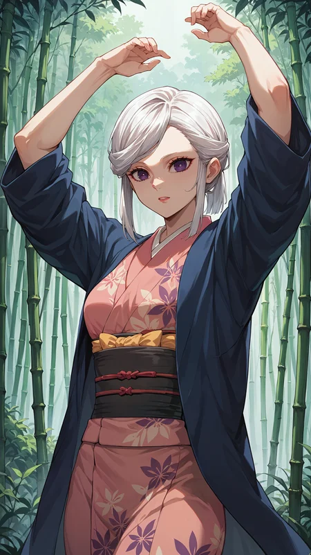 score_9,score_8_up,score_7_up,score_6_up, source_anime, zPDXL3, <lora:xl_more_art-full_v1:0.5>, woman, dynamic pose, hands above her head, <lora:Amane Ubuyashiki - Pony-000004:0.8>, white hair, hair up, purple eyes, pink kimono, blue haori, blue coat, bamboo forest,