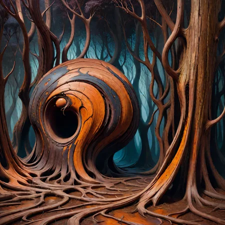 Daphne, surrealism painting, 16k, extreme detail, fine textures, ((dark shadows)), dark, sharp lines, ((decay flatwoods)), vivid colors. beautiful. revealing. masterpiece. swirly. <lora:Wood-world_XL:1> in the style of wood-world_XL