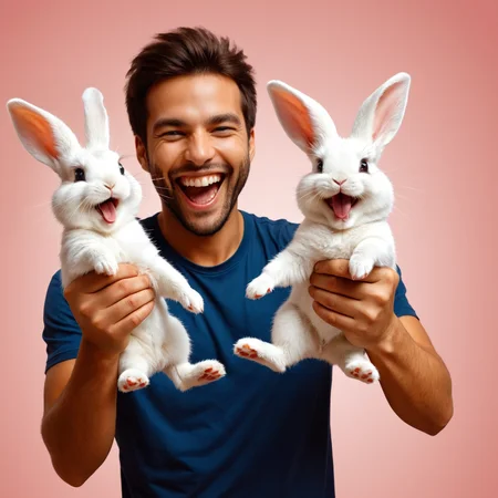 by Chizuko Yoshida and Tatiana Ilina , man holding up two cute bunnies while laughing maniacally, dual wielding bunnies <lora:happy:0.25><lora:maniacal_laughter:1.75><lora:dual_pistols:0.35> , digital painting <lora:digital_painting_envy02:0.60>