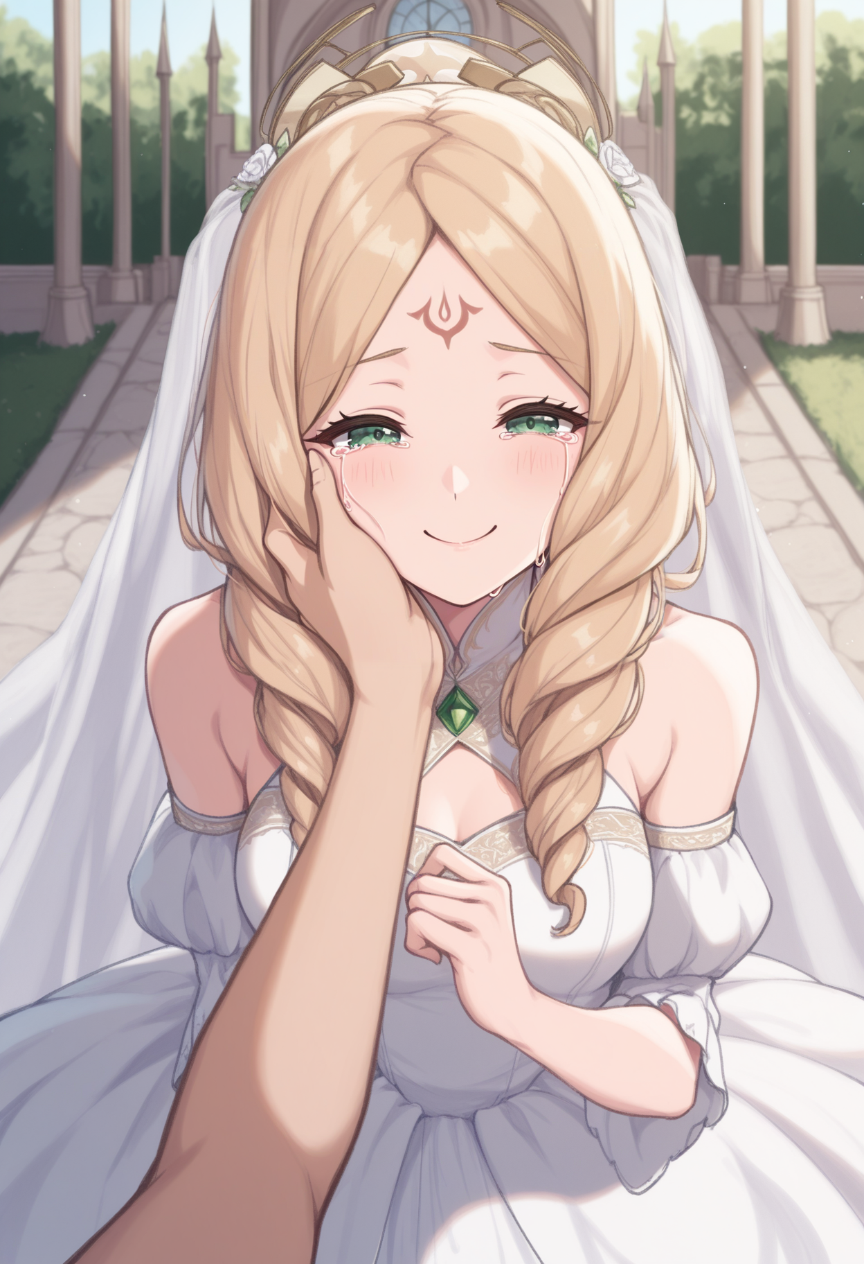 masterpiece, best quality, 1girl, solo, <lora:NSEmmerynAwoke:0.9> NSEmmerynAwoke, blonde hair, green eyes, long hair, forehead mark, drill hair, bridal veil, white dress, tears of joy, happy, smile, pov hand, hand on another's cheek, outdoors, church